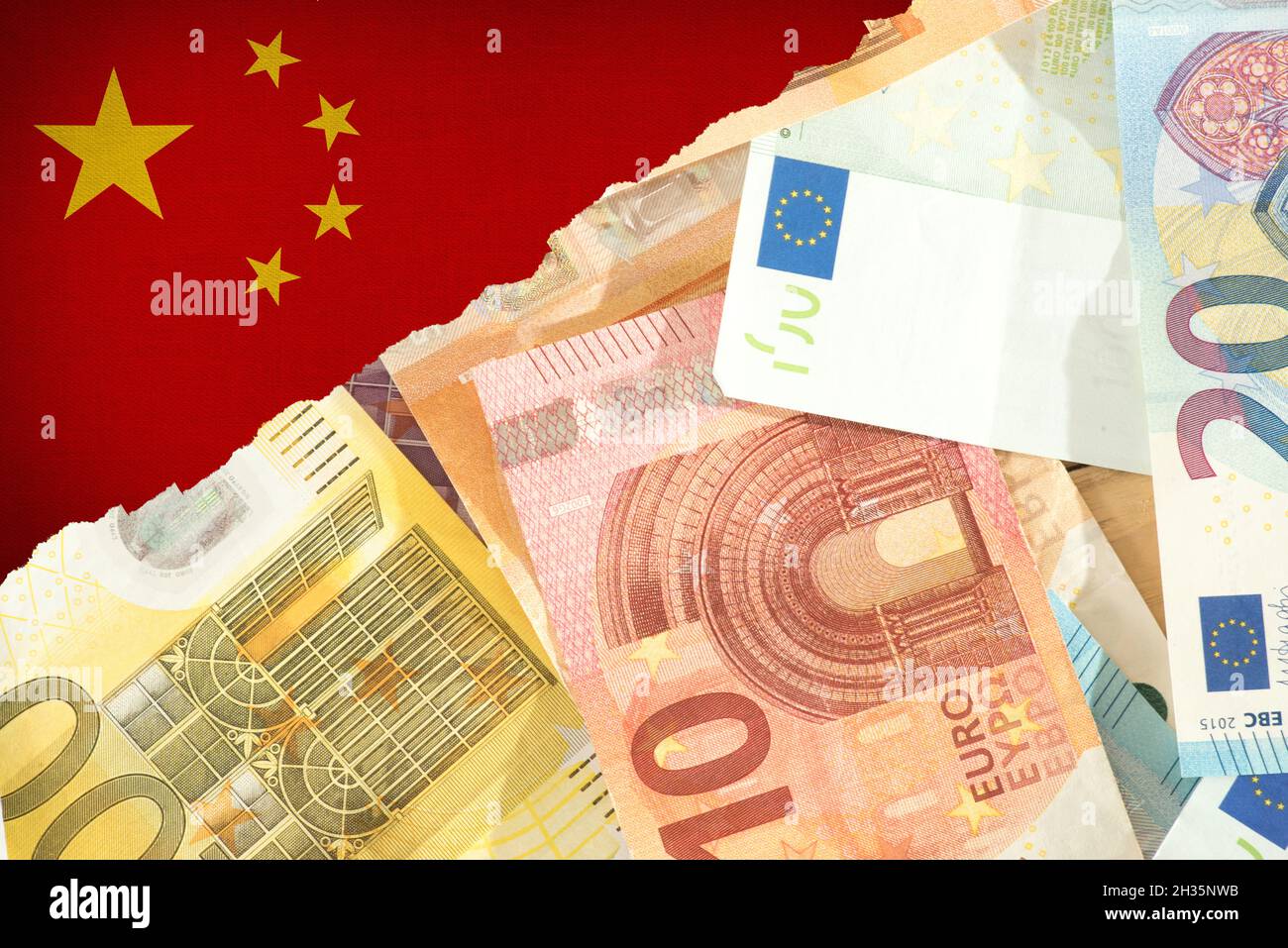 Flag of China and Euro bank notes Stock Photo