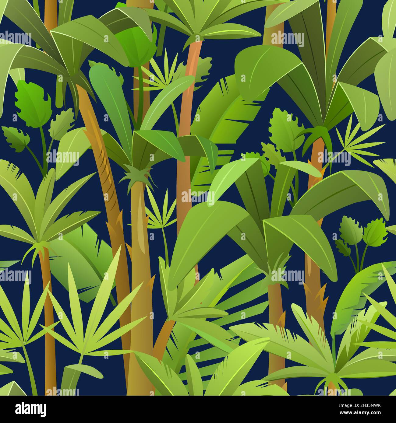 Dark tropical background with jungle leaves. Thickets with palms in cartoon  style. Seamless jungle pattern. Landscape with rainforest vector Stock  Vector Image & Art - Alamy