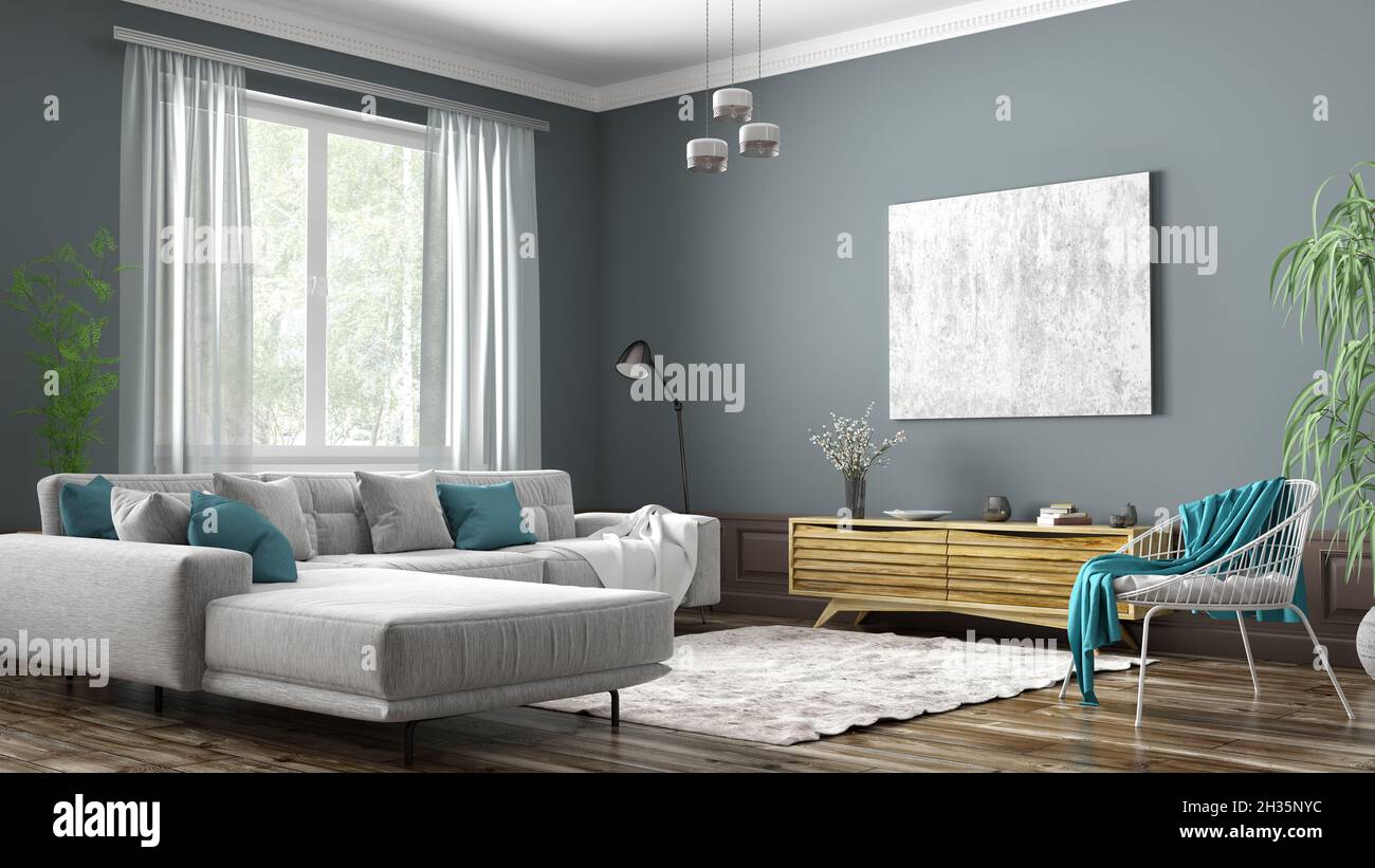 Modern interior design of scandinavian apartment, living room with grey ...