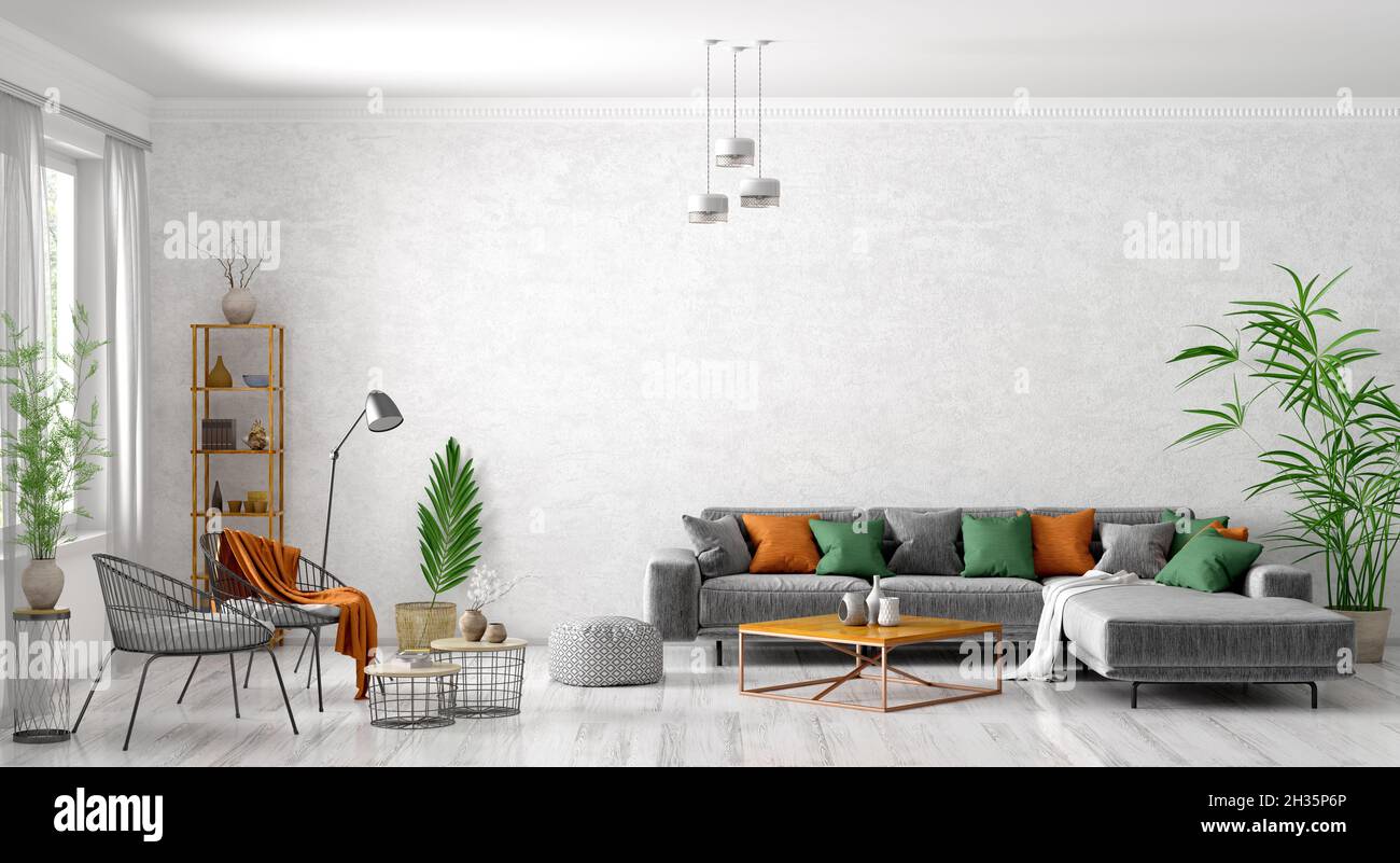 Modern interior design of scandinavian apartment, living room with grey ...