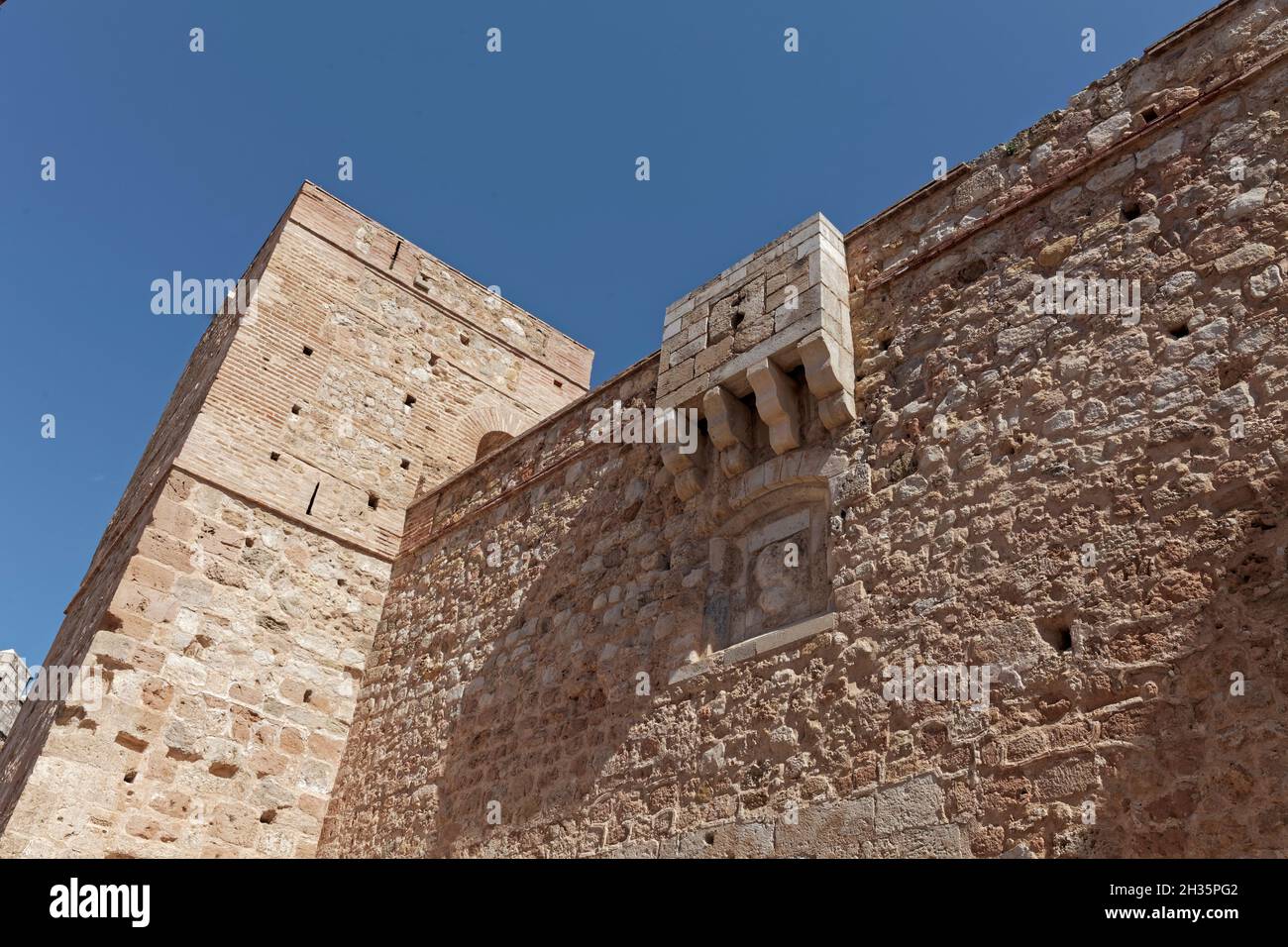 Fortress towers and walls. Requena, Valencia. Comunitat Valenciana. Spain. Stock Photo