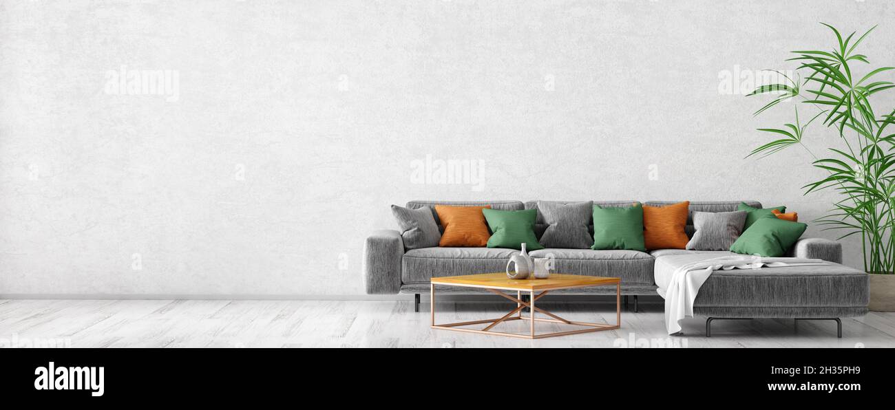 Modern interior design of scandinavian apartment, living room with grey  sofa, coffee table and plant, panorama 3d rendering Stock Photo - Alamy