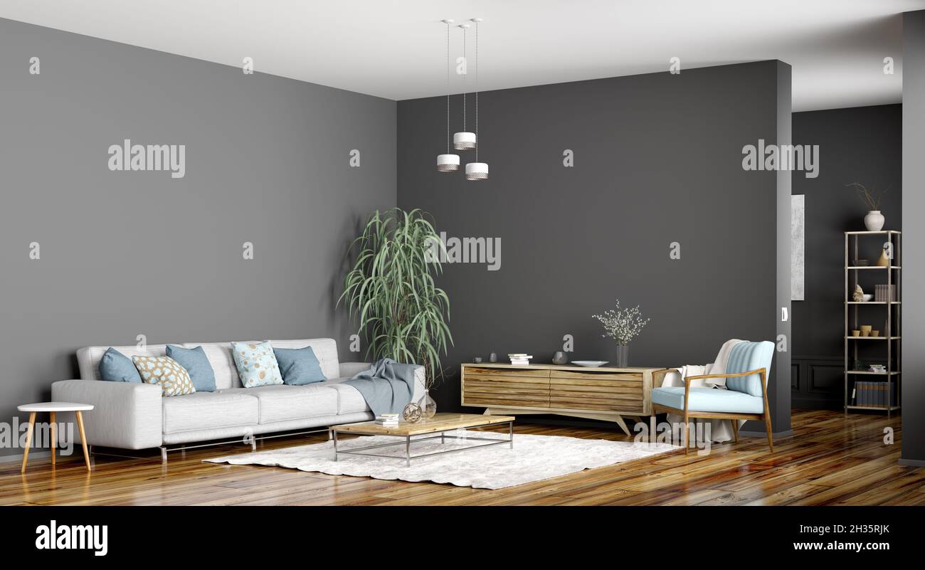 Modern interior design of scandinavian apartment, living room with grey ...