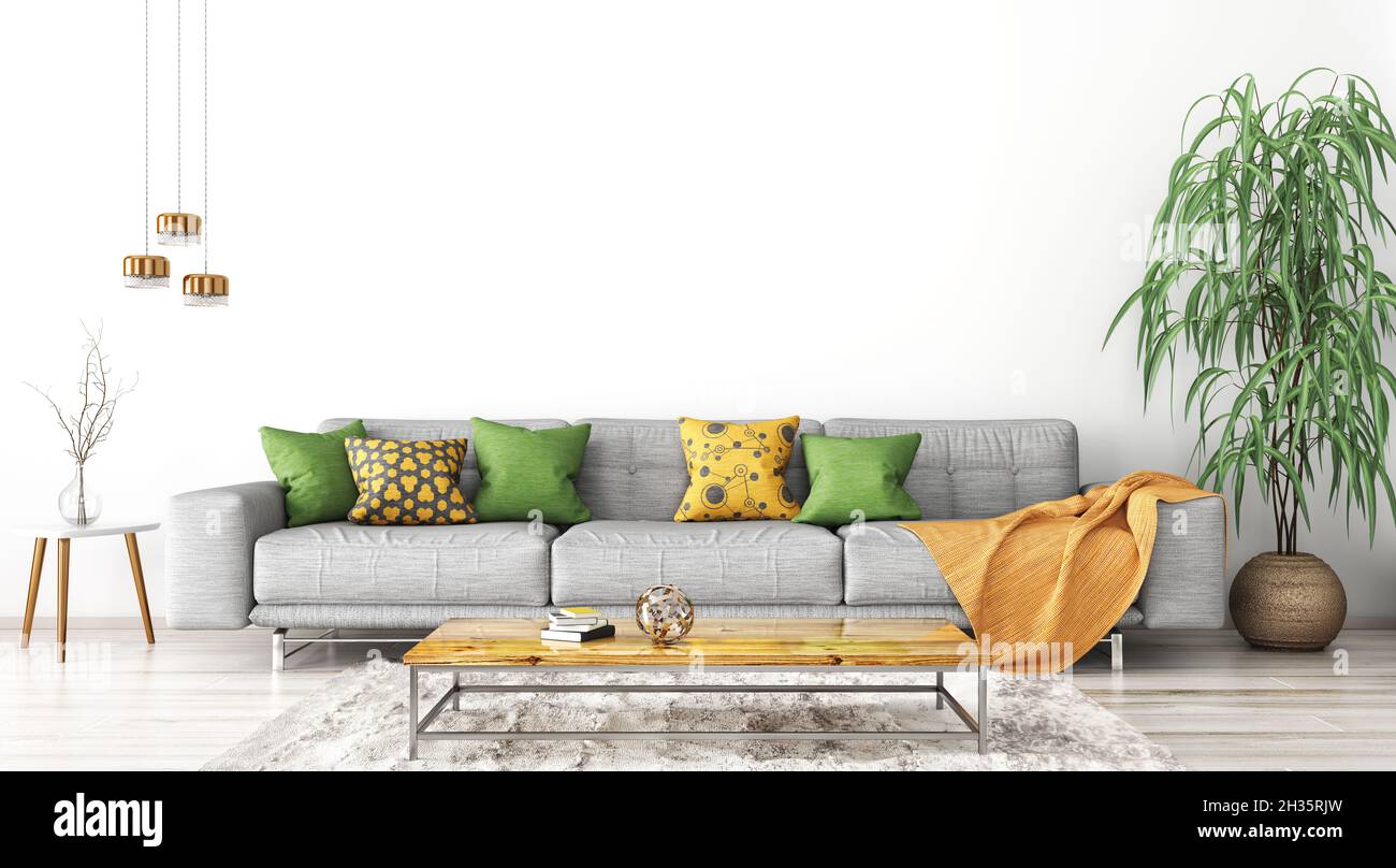 Modern interior design of scandinavian apartment, living room with grey ...