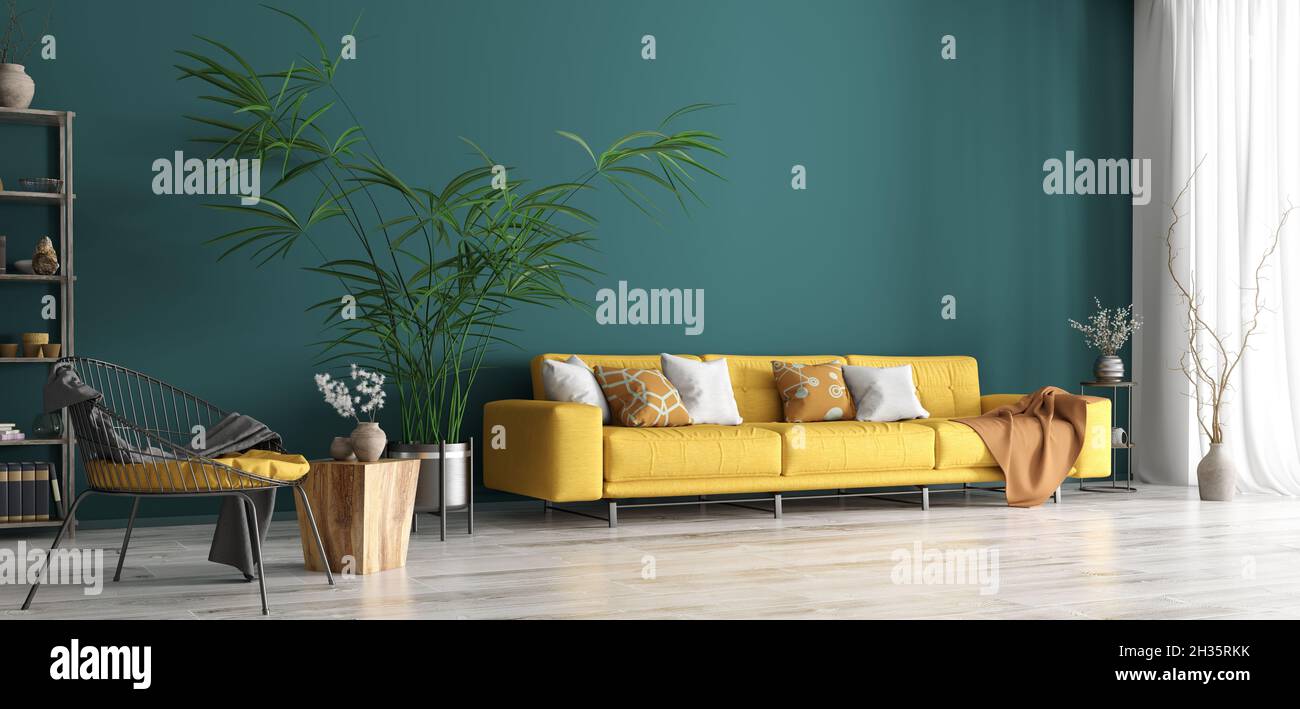 Modern interior design of living room with yellow sofa, armchair, wooden coffee table, home 3d rendering Stock Photo