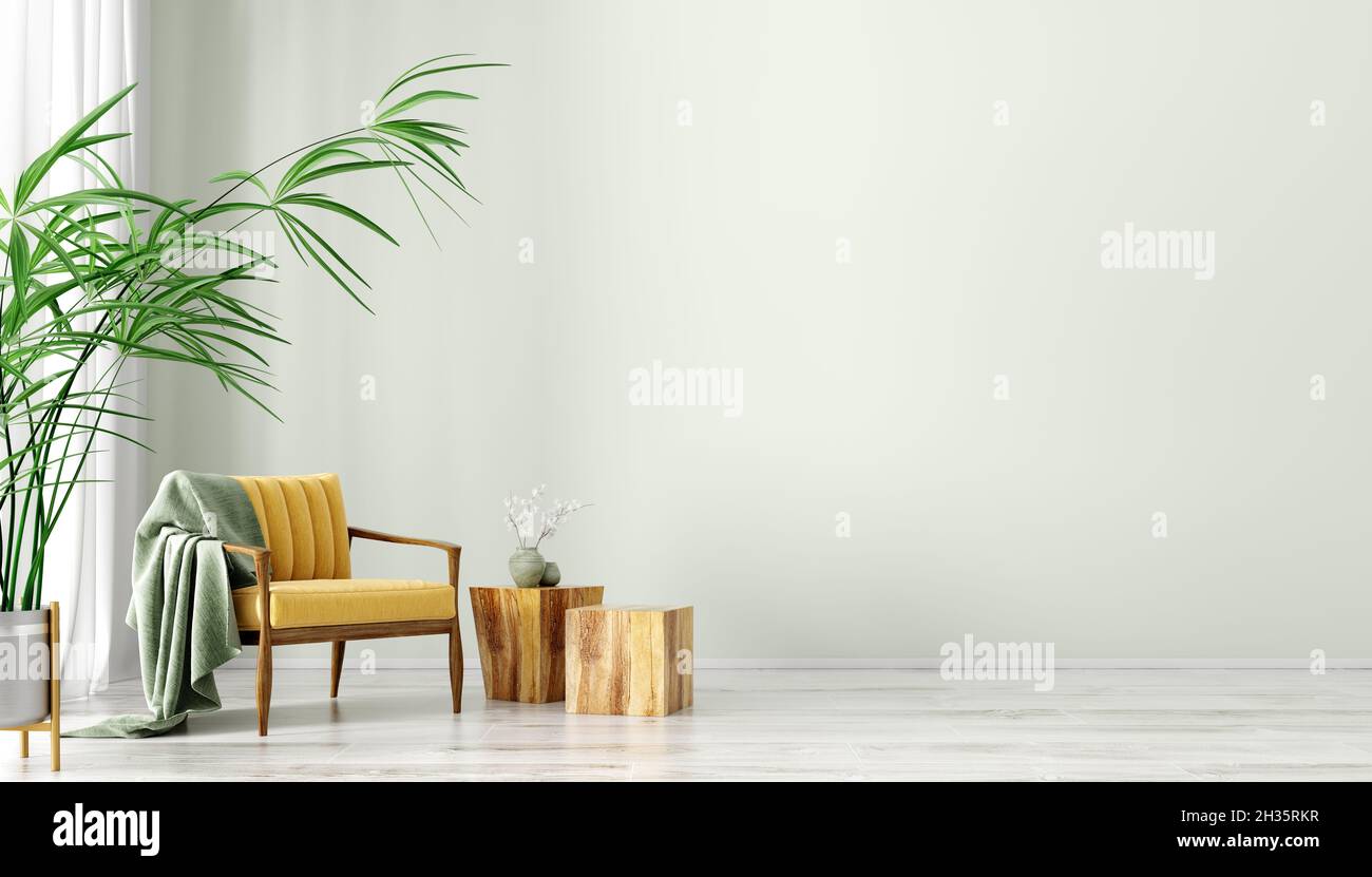 Interior of living room with coffee tables and yellow armchair, home design 3d rendering Stock Photo