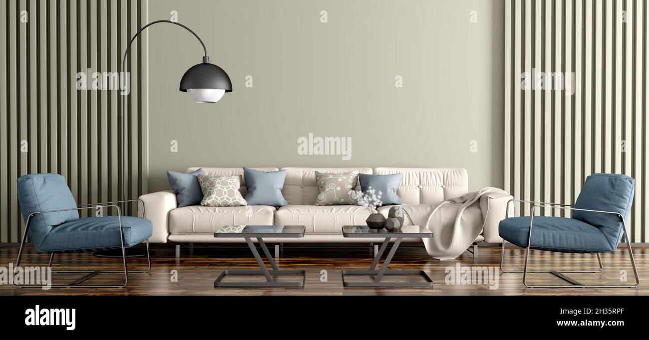 Modern interior design of apartment, living room with beige sofa and ...