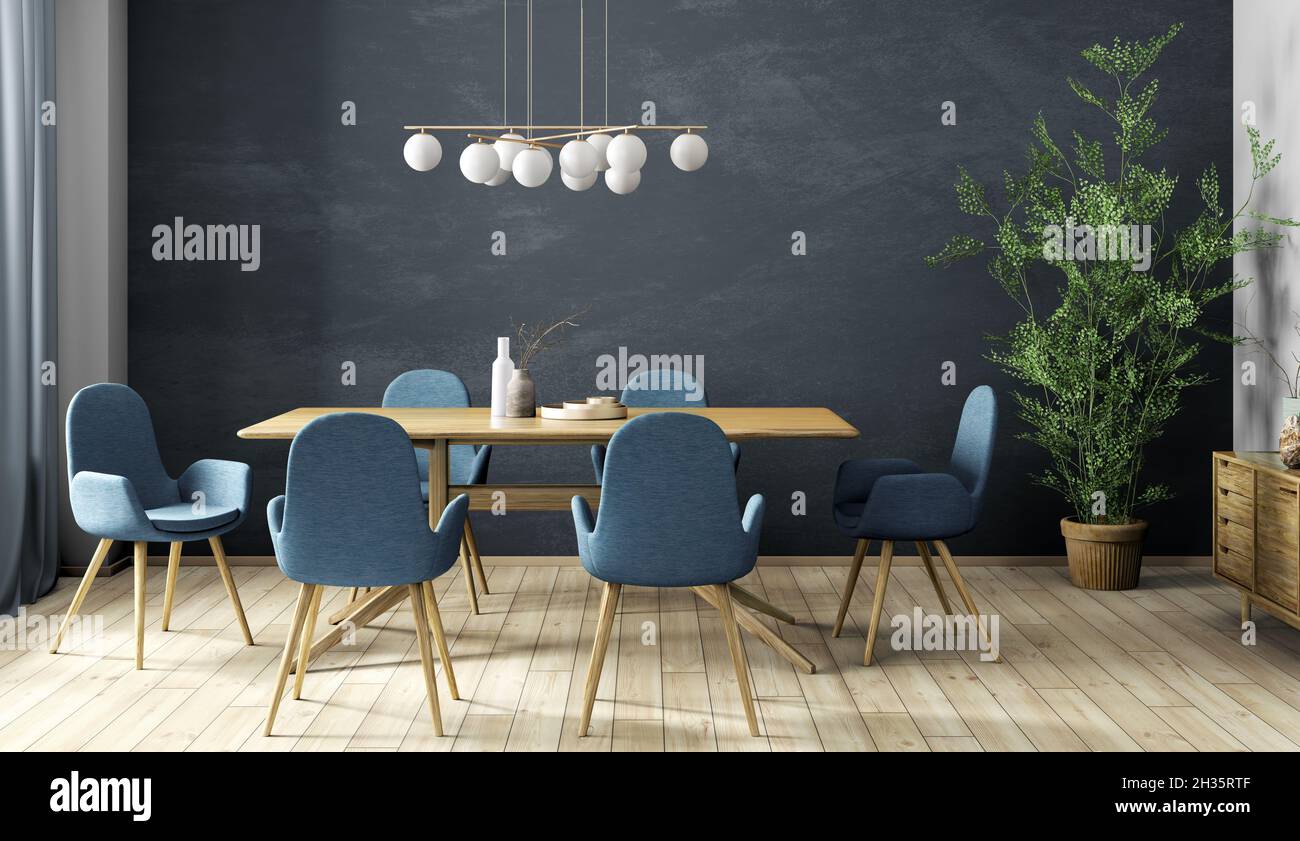 Interior design of modern dining room, wooden table and blue chairs