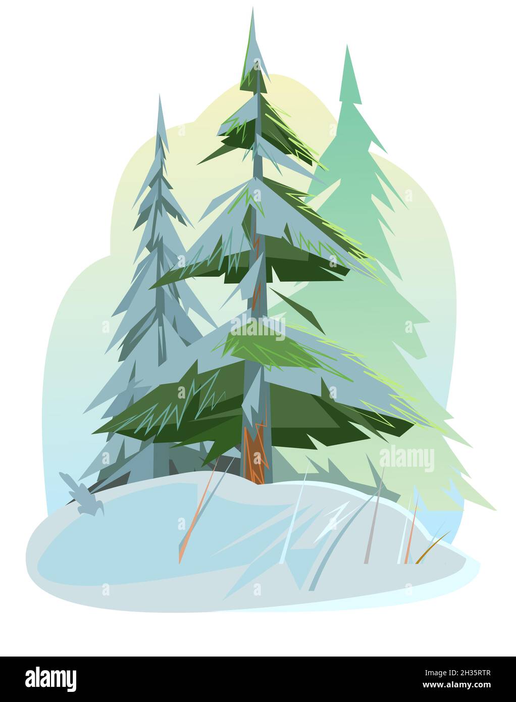 Young pine. Isolated winter landscape. Coniferous trees in the snow. Beautiful frost weather. Far horizon. Illustration in cartoon style flat design Stock Vector