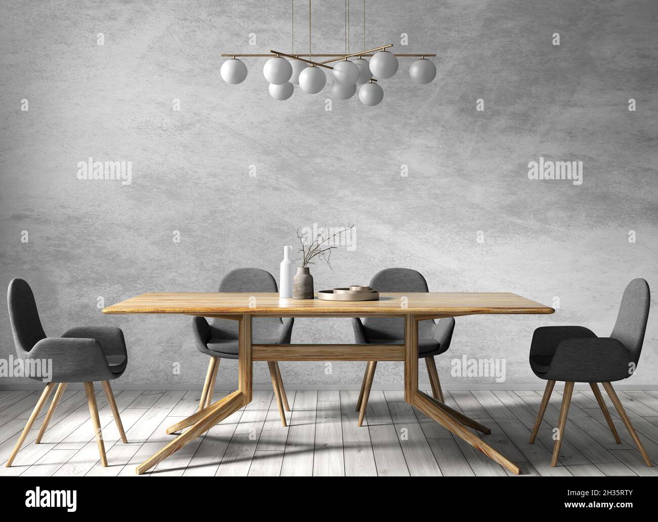 Interior design of modern dining room, wooden table and black chairs against gray stucco wall 3d rendering Stock Photo