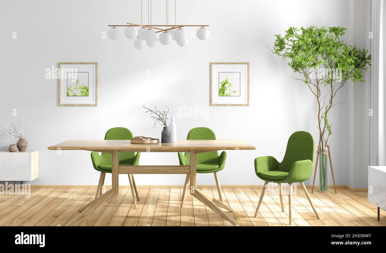 Interior design of modern sunny dining room, wooden table and green ...