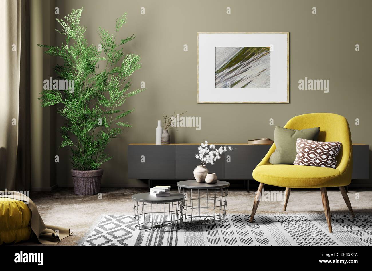 Interior of living room with coffee tables and yellow armchair, modern home design 3d rendering Stock Photo