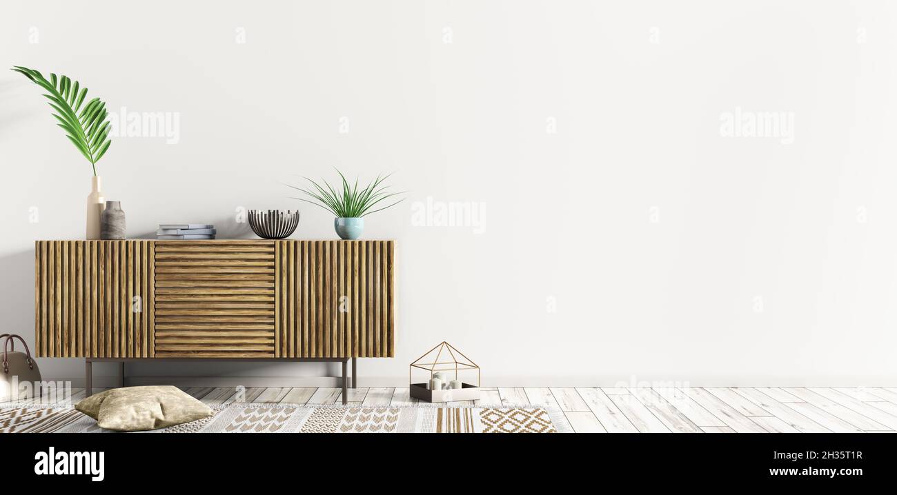 Modern interior of living room with wooden dresser over white wall , home decoration design 3d rendering Stock Photo