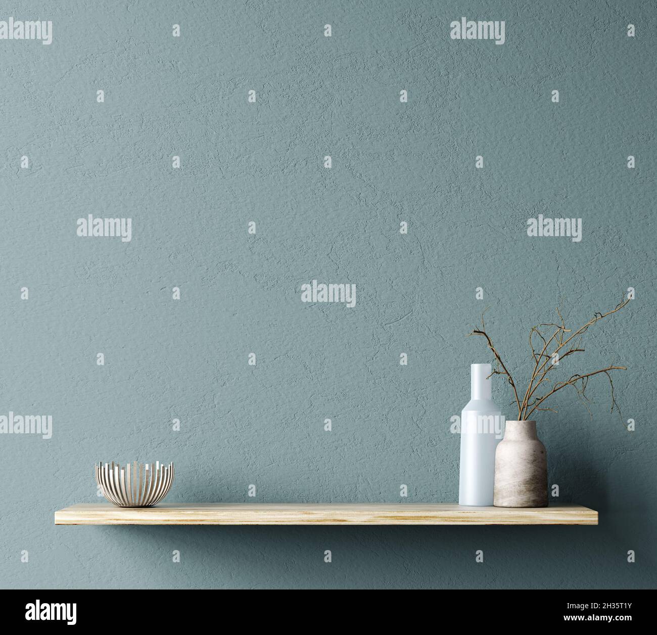 Interior design of living room with wooden shelf and home accessories. Wall decor with branch in