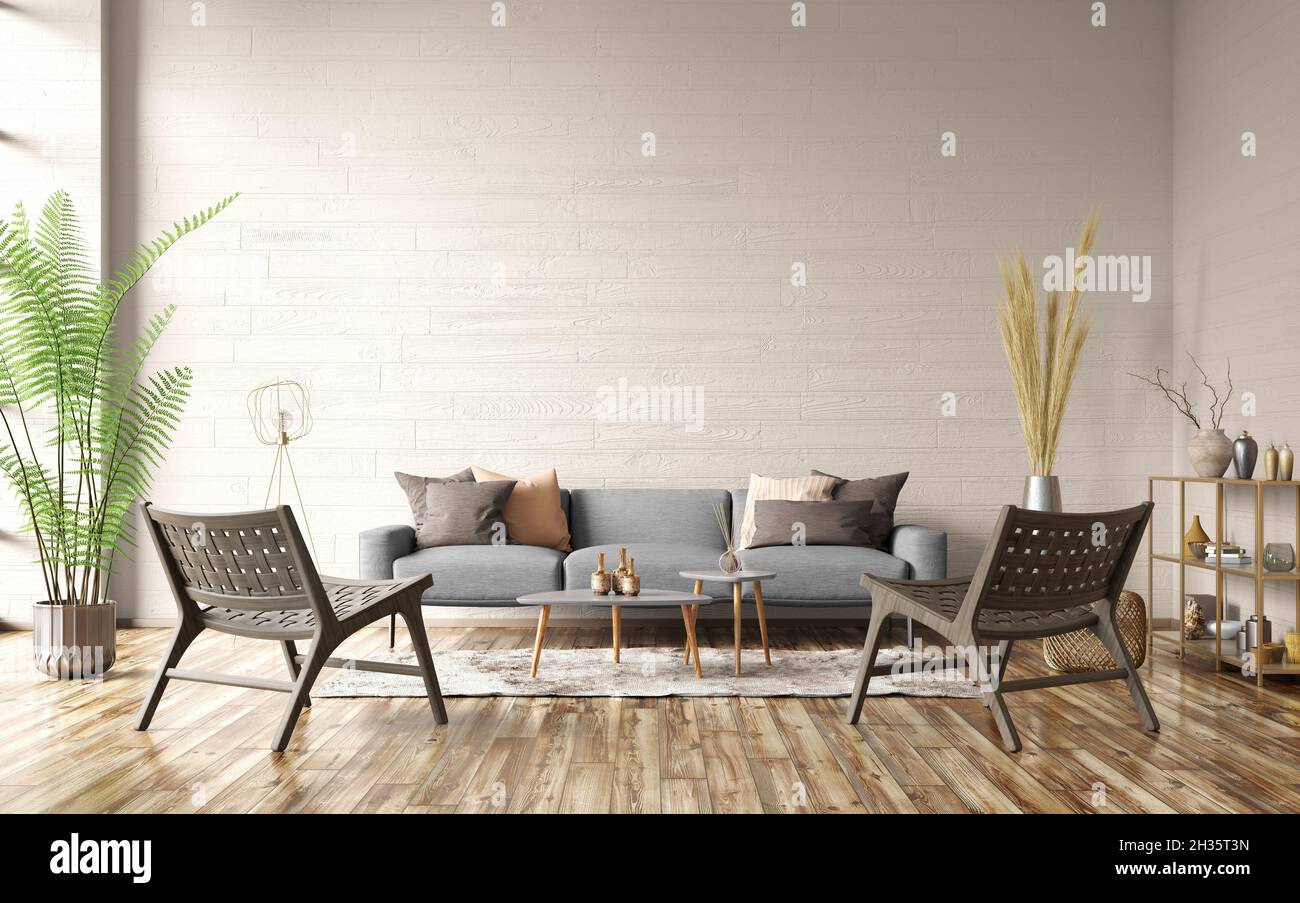 Modern interior of apartment with beige walls. Cozy living room with gray  sofa, coffee tables and blue armchairs. Contemporary home design. 3d  renderi Stock Photo - Alamy