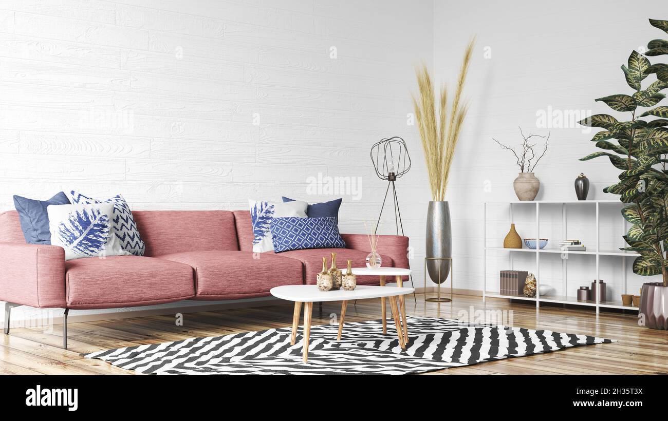 Red sofa in modern scandinavian living room with white stucco walls ...
