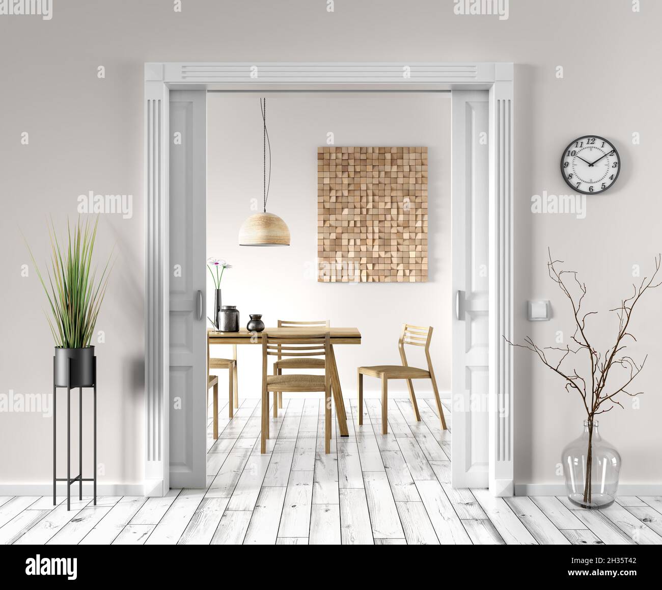 Interior of living room with beige wall and white door to the modern ...