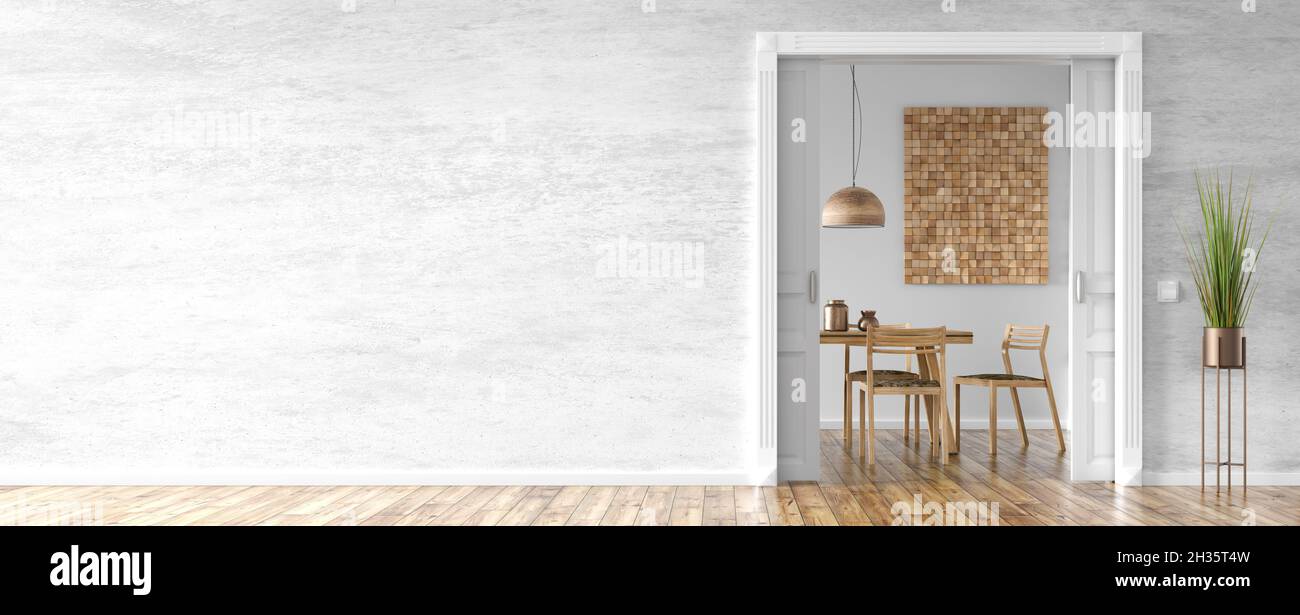Empty room interior background, white and gray stucco wall, plant and opened door to the dining room, home design, panorama 3d rendering Stock Photo