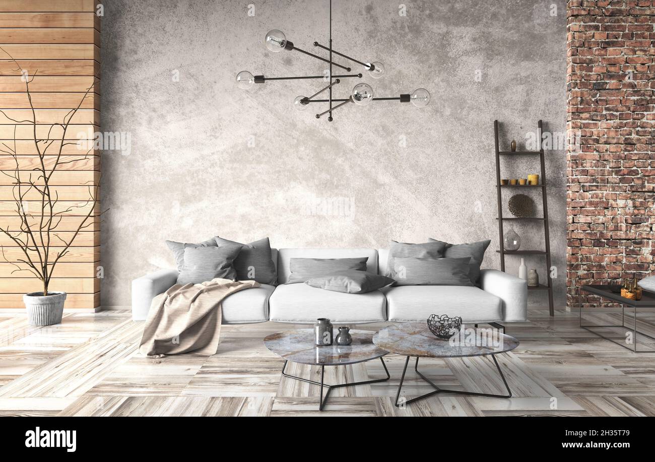 Modern interior design of loft, industrial living room with white sofa.  Home design with brick and stucco walls. 3d rendering Stock Photo - Alamy