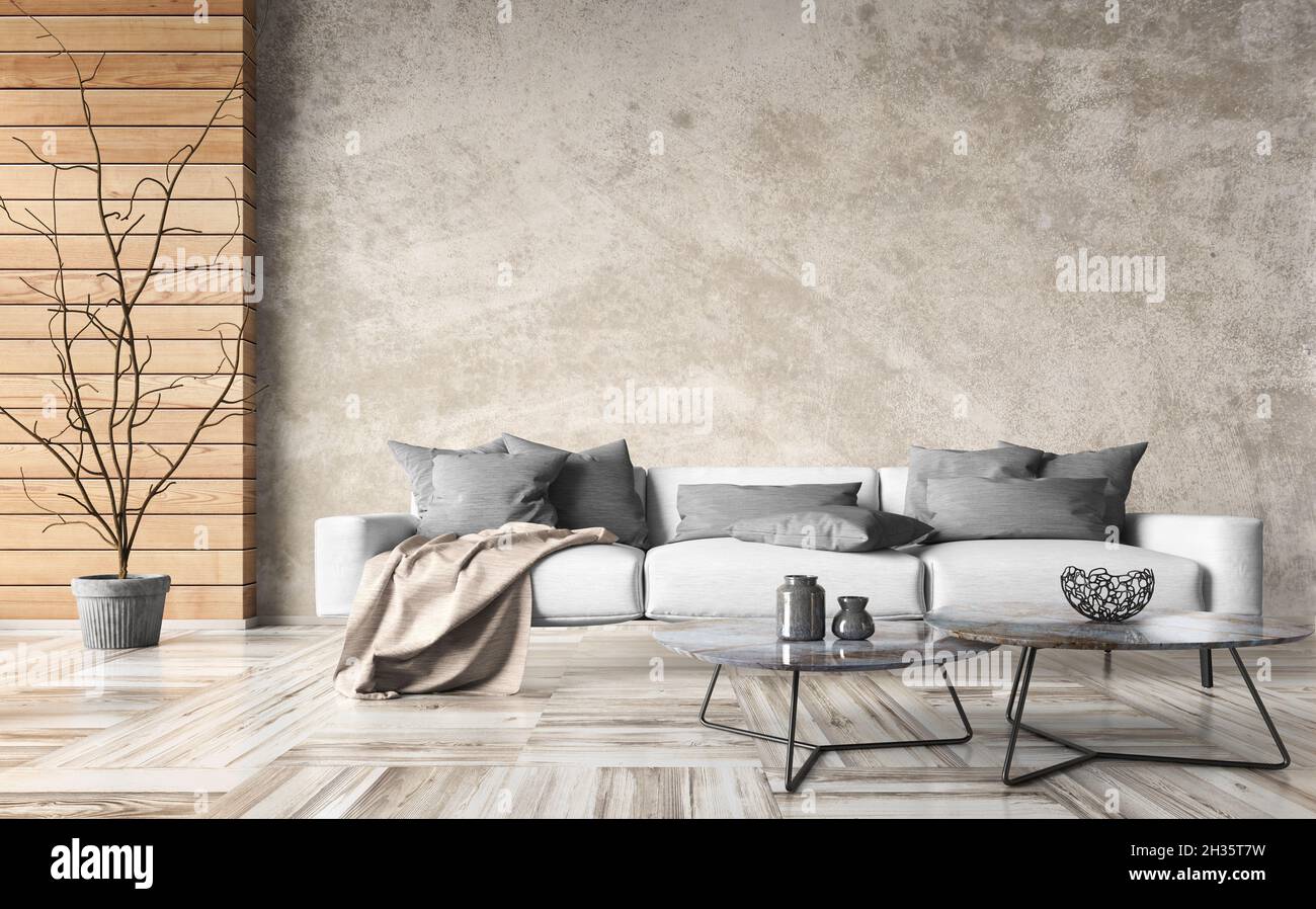 Interior design of modern minimalist loft apartment, living room with ...