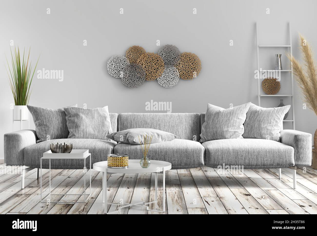 Modern interior design of scandinavian apartment, living room with gray ...