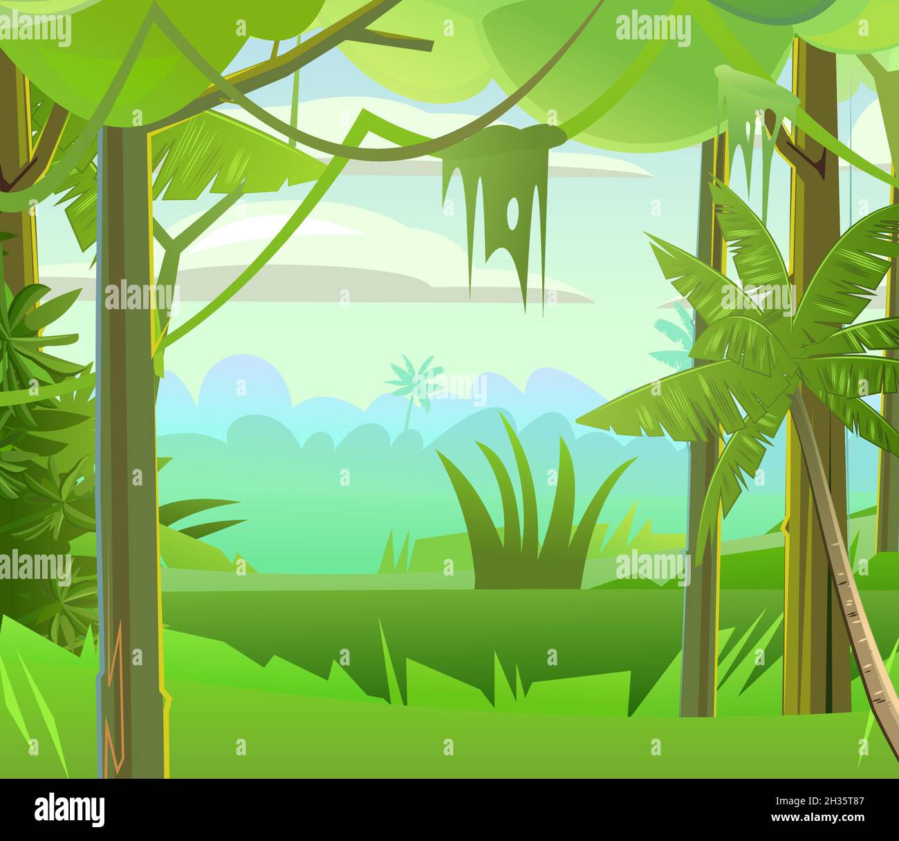Jungle vines. Dense thickets. View from the forest. Southern Rural Scenery. Tropical forest panorama. Illustration in cartoon style flat design Stock Vector