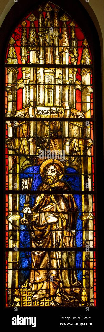 Stained glass of St. Peter’s Cathedral, Saint Pete, c. 1460,  Musée d’Art et d’Histoire (Museum of Art and History), Geneva, Switzerland Stock Photo