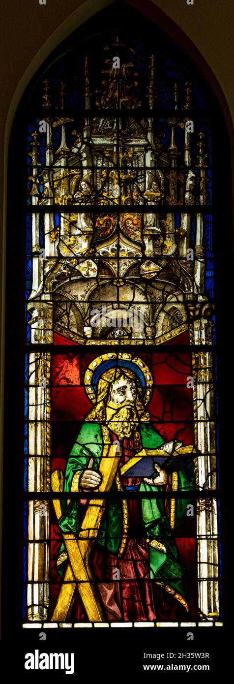 Stained glass of St. Peter’s Cathedral, Saint Andrew, c. 1460. Musée d’Art et d’Histoire (Museum of Art and History), Geneva, Switzerland Stock Photo
