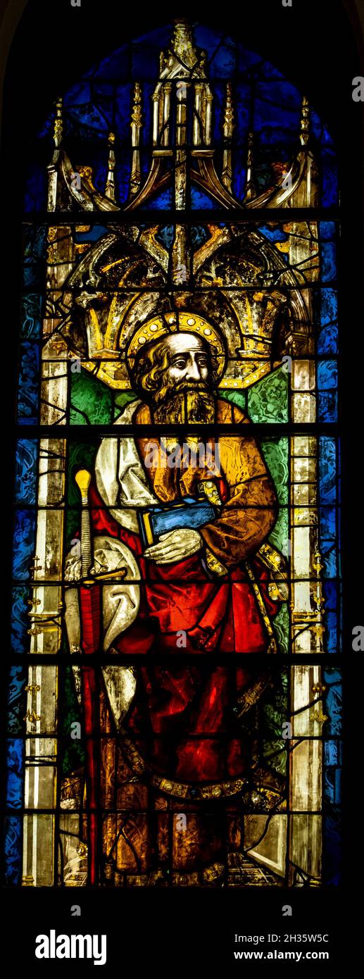 Stained glass of St. Peter’s Cathedral, Saint Paul, c. 1460, Musée d’Art et d’Histoire (Museum of Art and History), Geneva, Switzerland Stock Photo