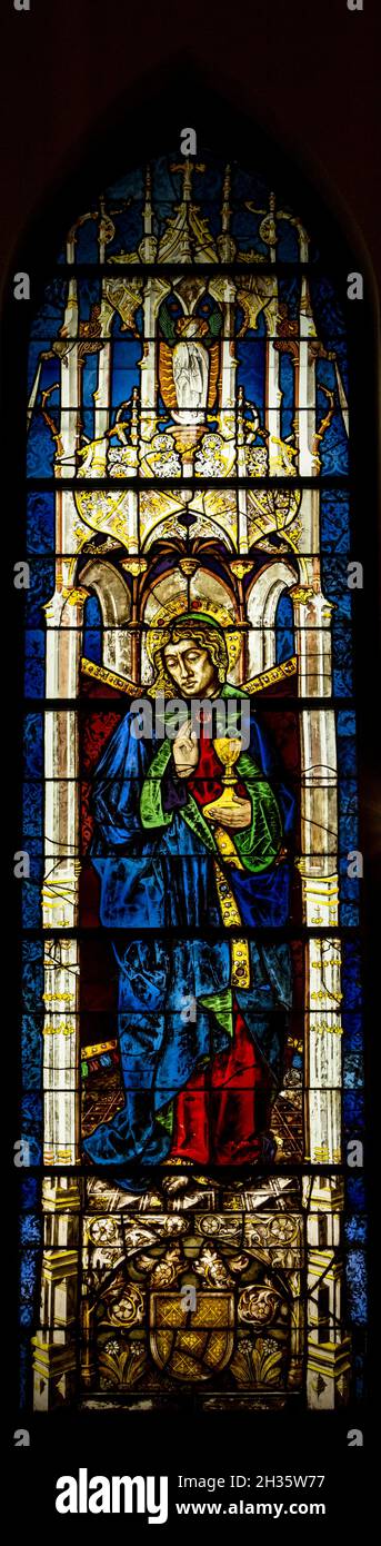 Stained glass of St. Peter’s Cathedral, Saint John the Evangelist, c. 1487. Musée d’Art et d’Histoire (Museum of Art and History), Geneva, Switzerland Stock Photo