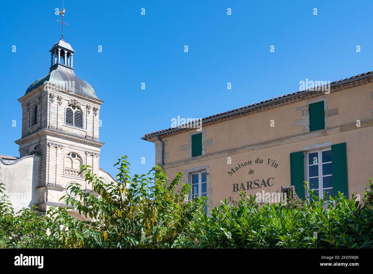 The maison du vin de Barsac and the parish church of Barsac, Stock Photo