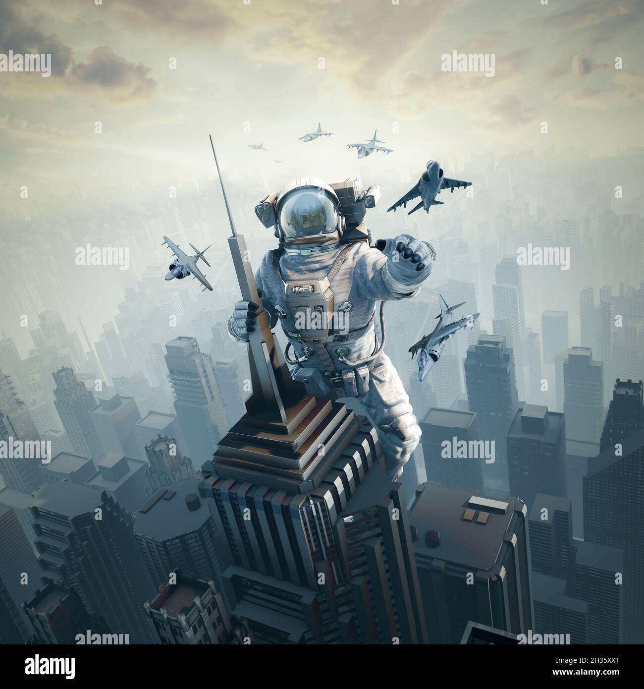 City monster astronaut - 3D illustration of science fiction giant space suit wearing character climbing skyscraper while being attacked by fighter pla Stock Photo