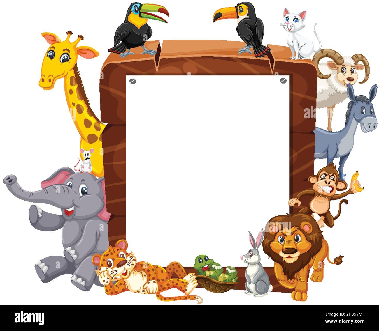 Empty wooden frame with various wild animals illustration Stock Vector ...