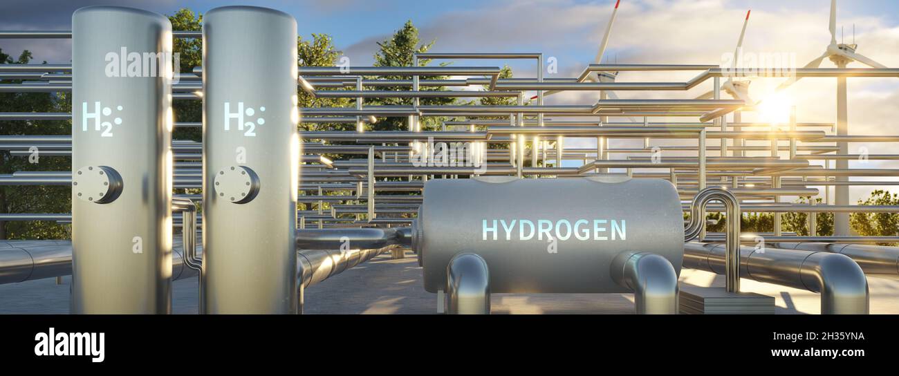 Industrial production line with modern hydrogen storage and H2 Hydrogen logo. Renewable or sustainable electricity. Clean alternative ecological energ Stock Photo