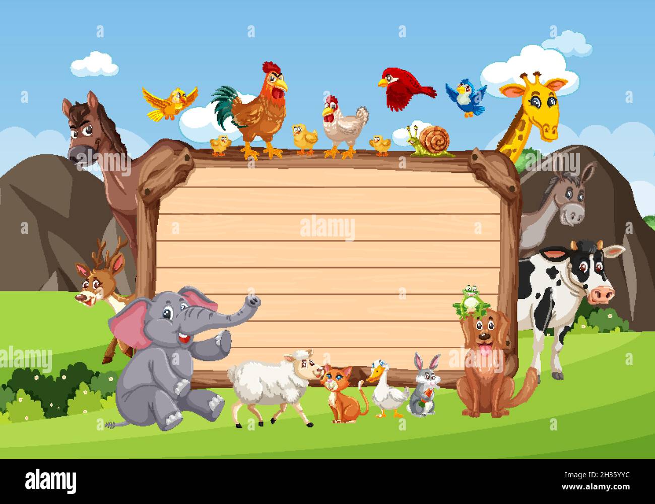 Empty wooden board with various wild animals in the forest illustration ...