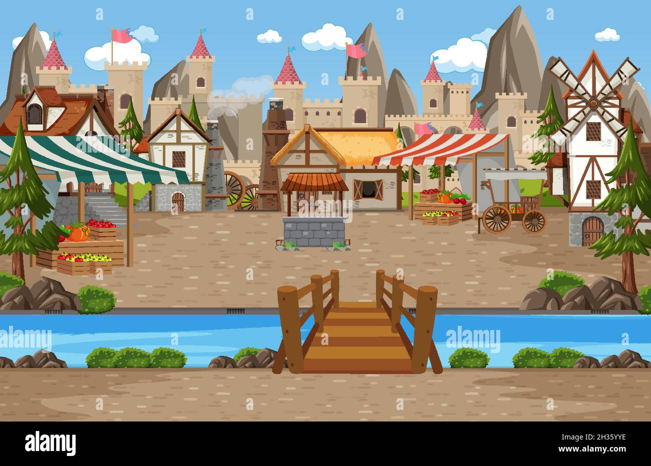 Medieval town scene with market place illustration Stock Vector Image ...