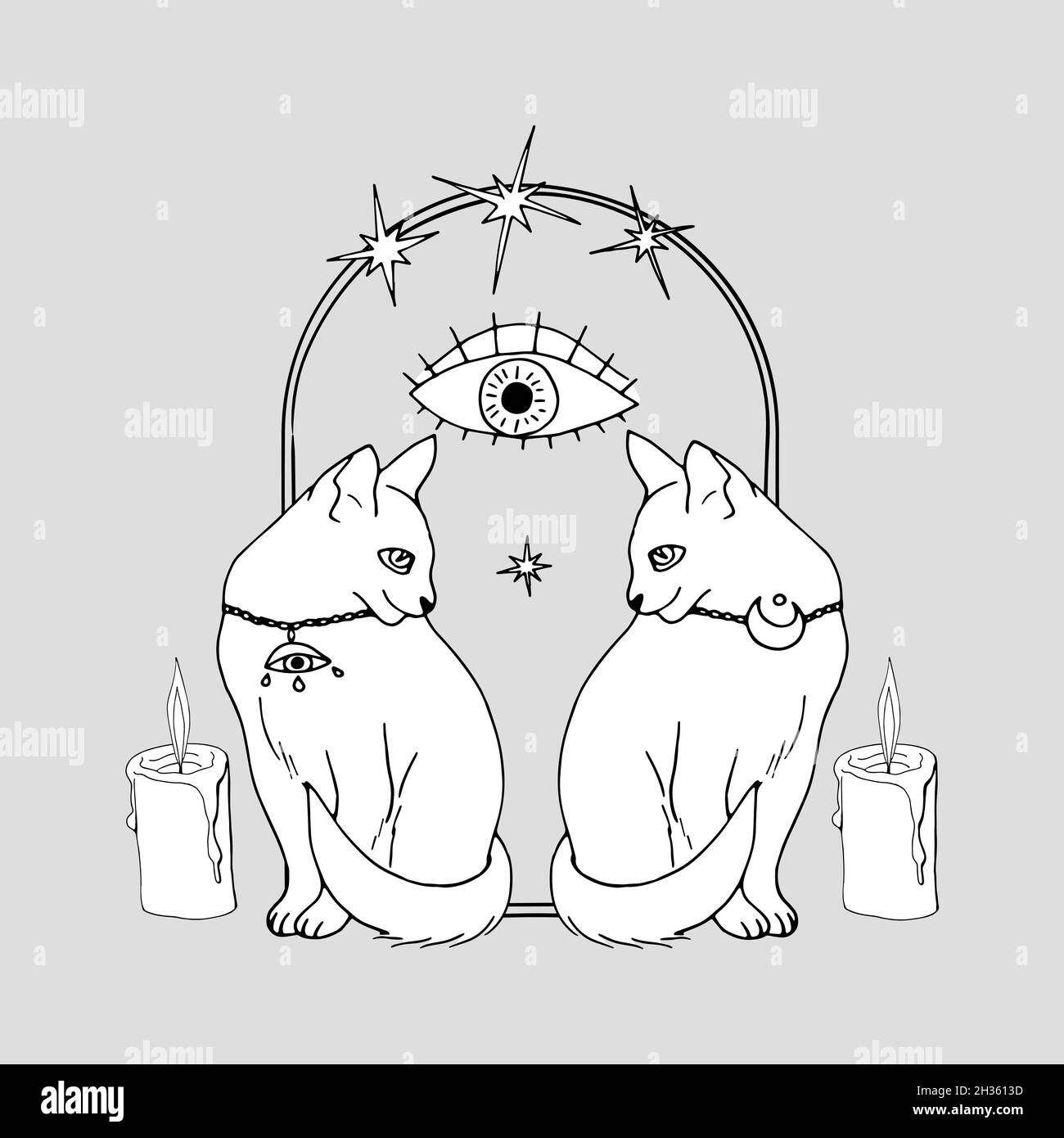 Vintage Mystic Cats and candles inside arch decorated with stars and all seeing eye drawing Stock Vector