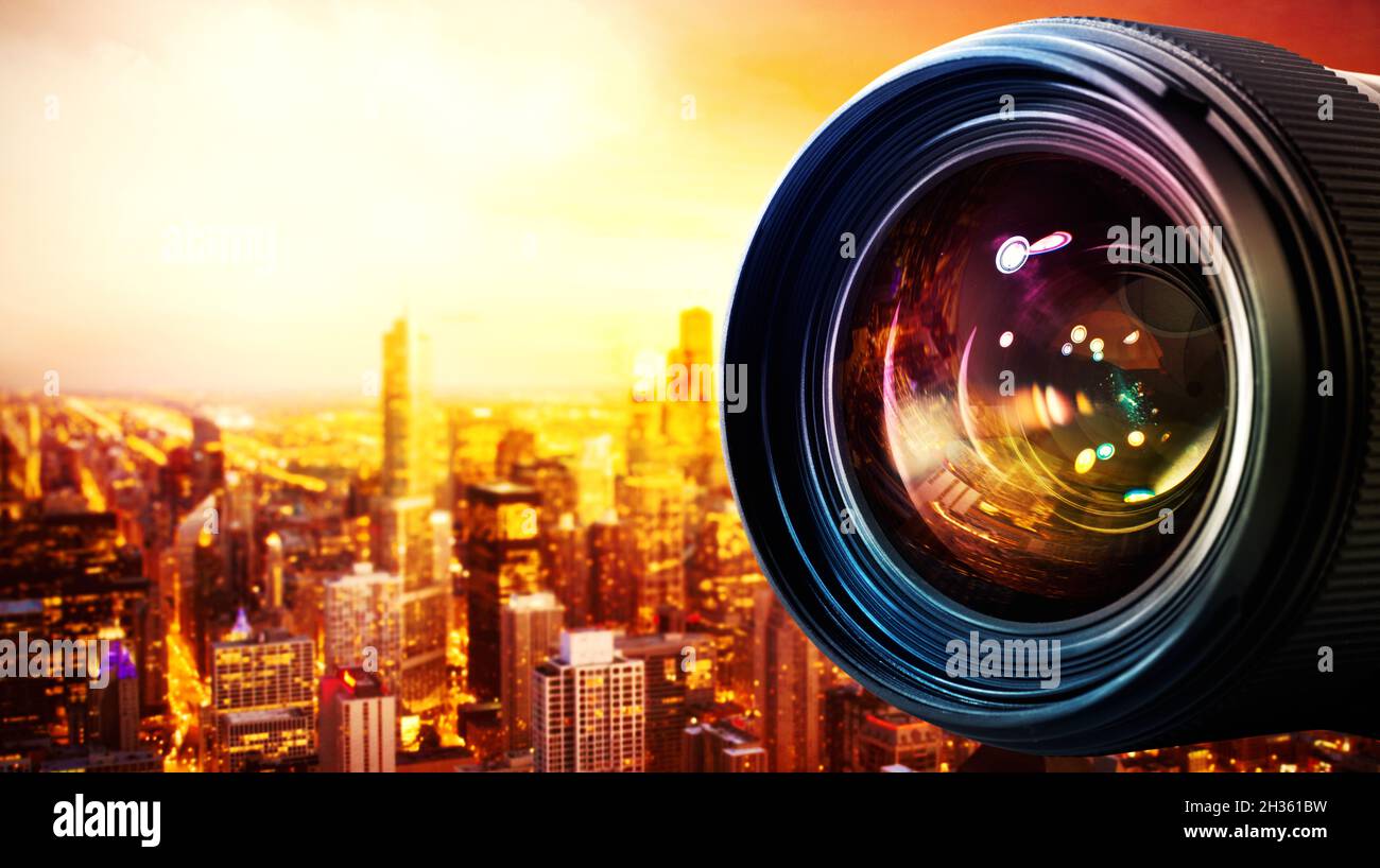Camera Reference Light Effect Professional lens of reflex camera with light effects and city on ...