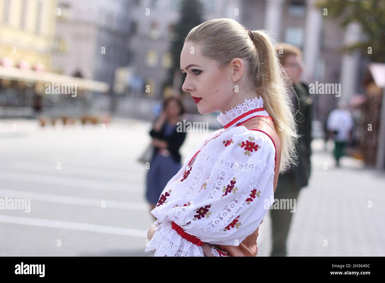 Belarus, Minsk city, September 3, 2016. City Day celebration. Freedom Square. Belarusian woman in national Slavic costume. Stock Photo