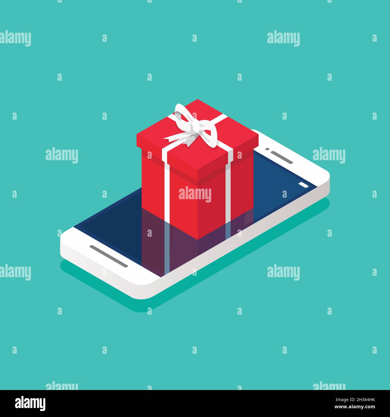 Gift box on the smartphone screen isometric. Vector illustration Stock Vector