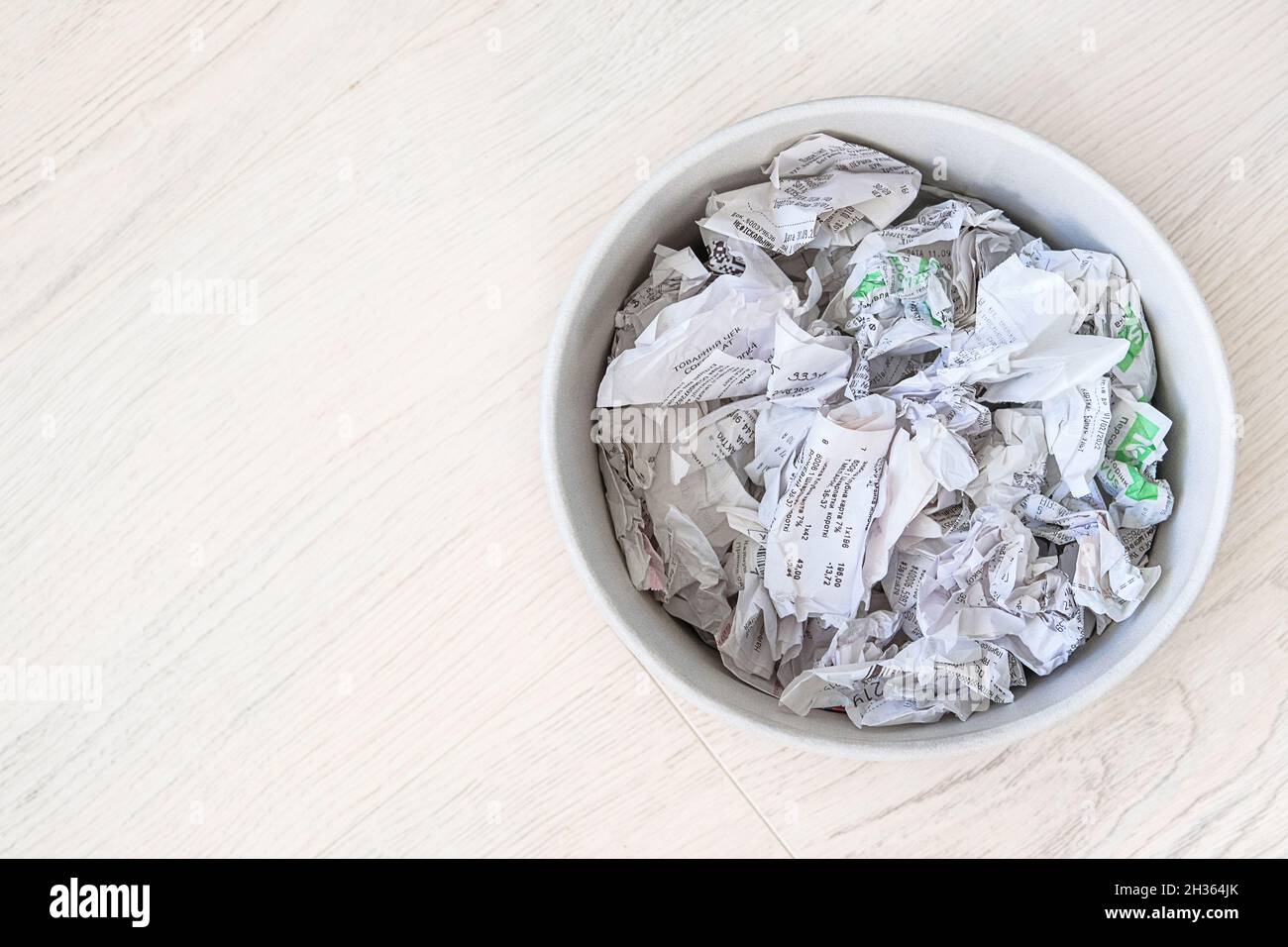 Used sales receipts prepared for recycling. Recyclable materials. Waste