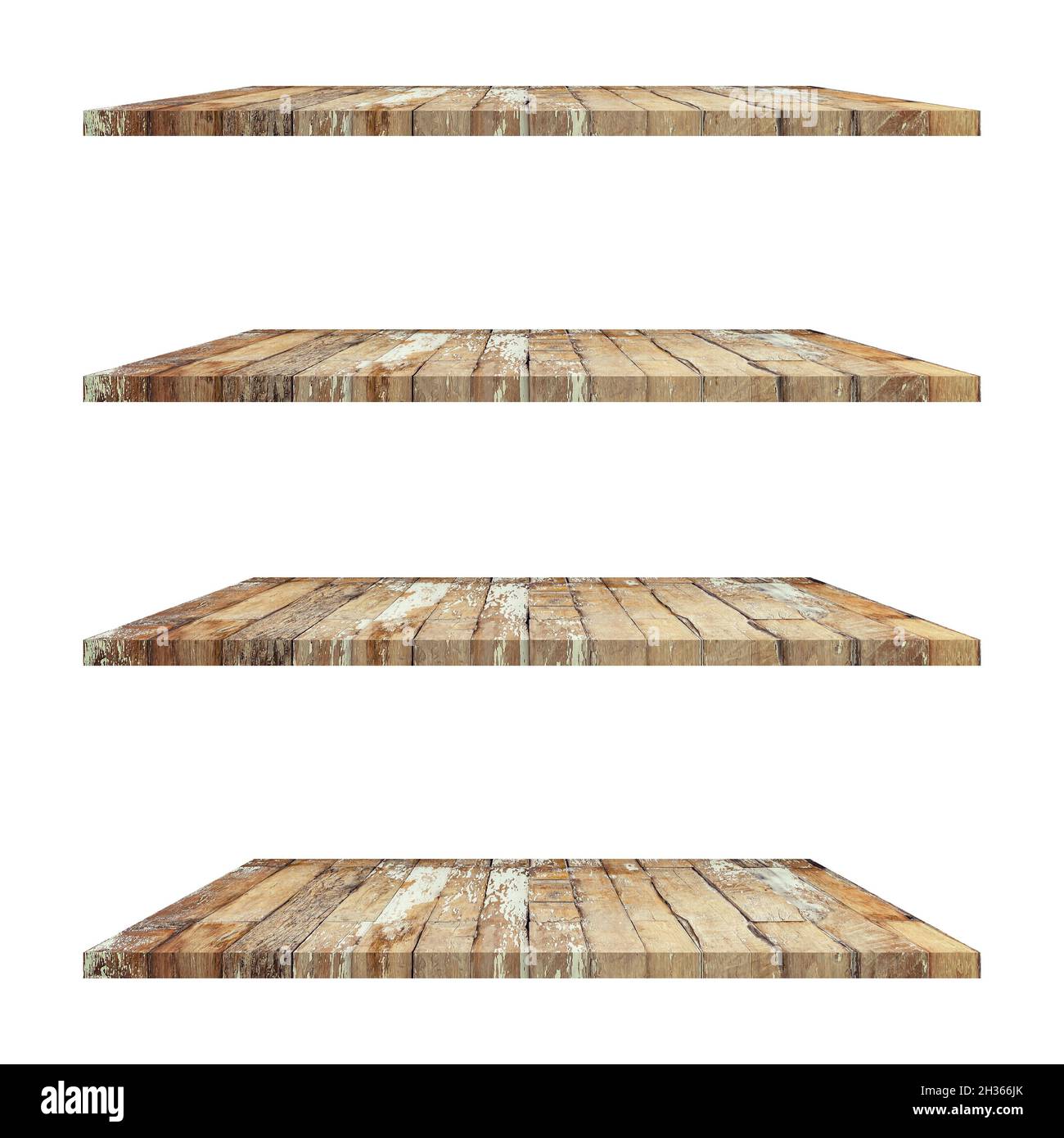 4 old wood shelves table isolated on white background and display ...