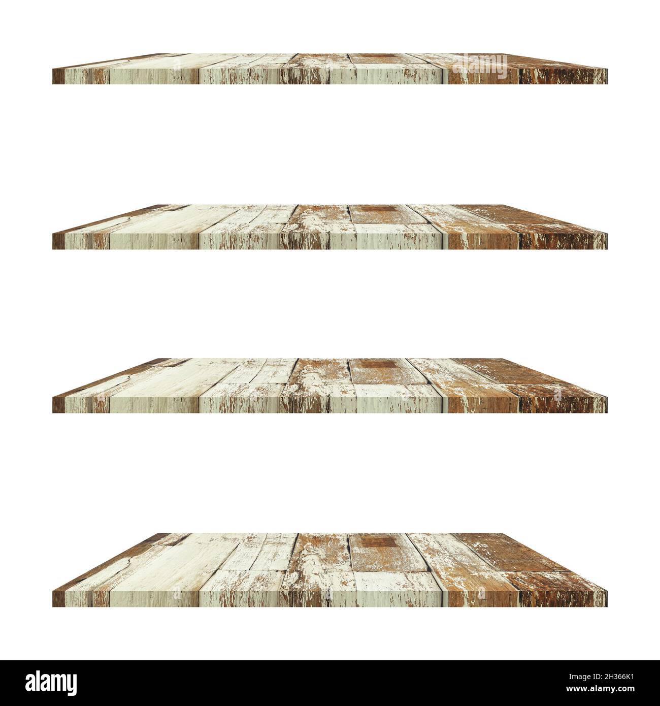 4 old wood shelves table isolated on white background and display ...