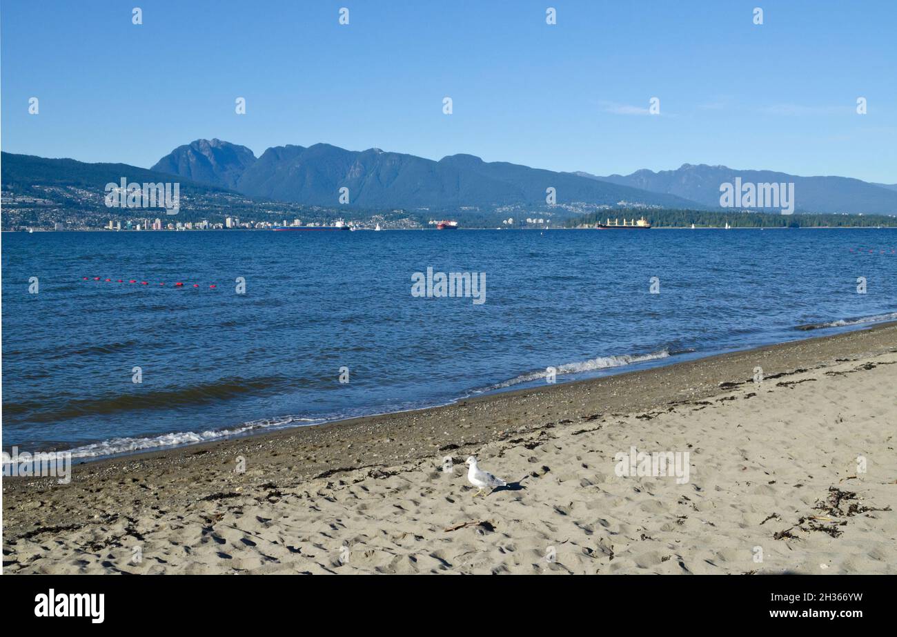 View of the North Shore Mountains from the beach at Spanish Banks in Vancouver, BC, Canada Stock Photo