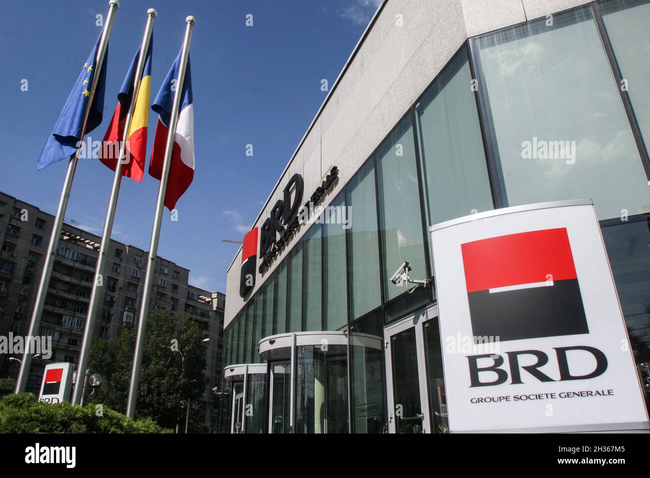 Bucharest, Romania, July 20, 2009. BRD Groupe Societe Generale (GSG) logo and firm is displayed at the company's headquarters, in Bucharest, Romania. Stock Photo