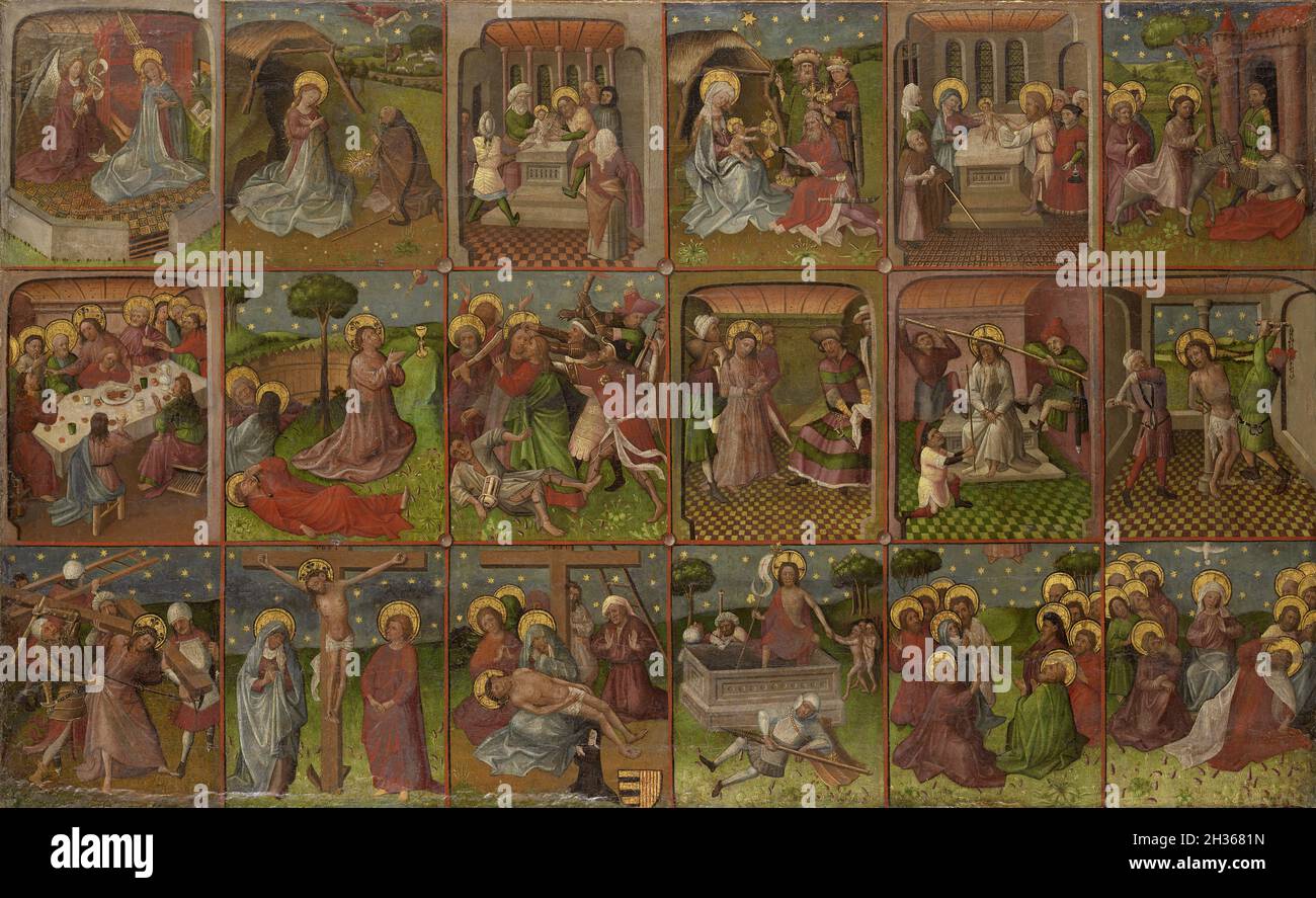 Religion: 'Scenes from the Life of Christ'. Oil on canvas painting, c. 1435.  Top row: The Annunciation; the Nativity; the Circumcision; the Adoration of the Magi; the Presentation of Jesus at The Temple in Jerusalem; Christ Enters Jerusalem on a Donkey.  Middle row: The Last Supper; Jesus prays in the Garden of Gethsemane; the Betrayal by Judas Iscariot; Christ before Pontius Pilate; The Crown of Thorns placed on Christ's head; the Flagellation of Jesus.  Bottom row: Christ Carries the Cross; the Crucifixion; the Lamentation; the Resurrection; the Ascension; the Descent of the Holy Ghost. Stock Photo