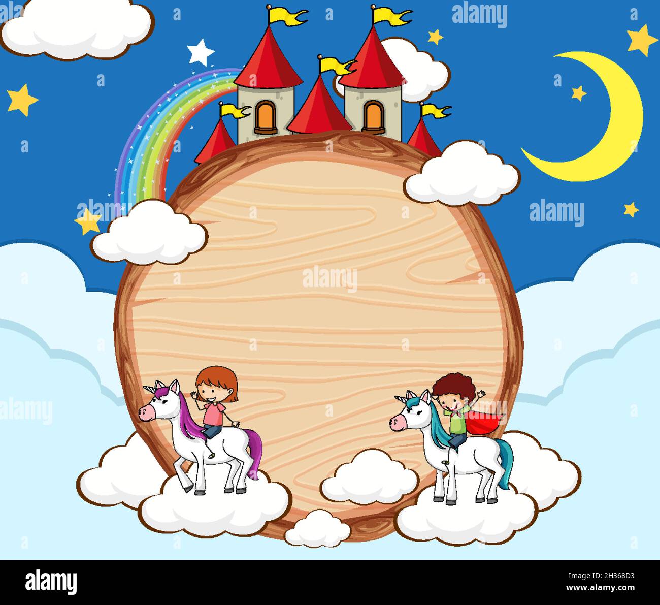 Blank banner in the night sky with fairy tales cartoon character and ...