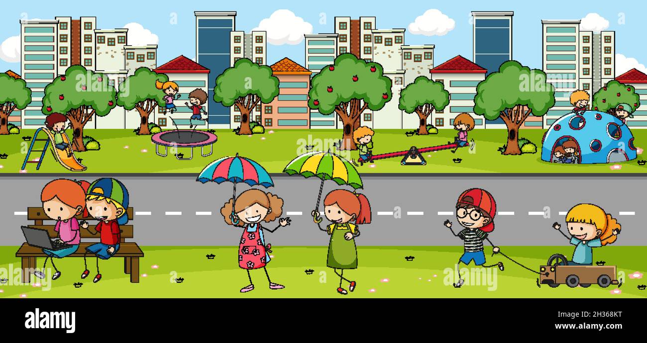 Outdoor scene with many kids playing in the park illustration Stock ...