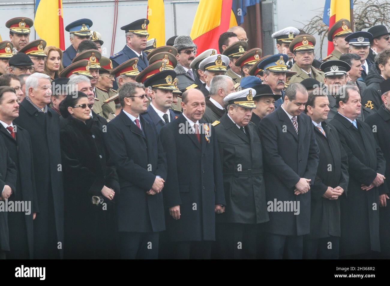 BUCHAREST, ROMANIA - DECEMBER 1, 2009: Romanian president Traian Basescu and other officials are taking part to a military parade on National Day of R Stock Photo