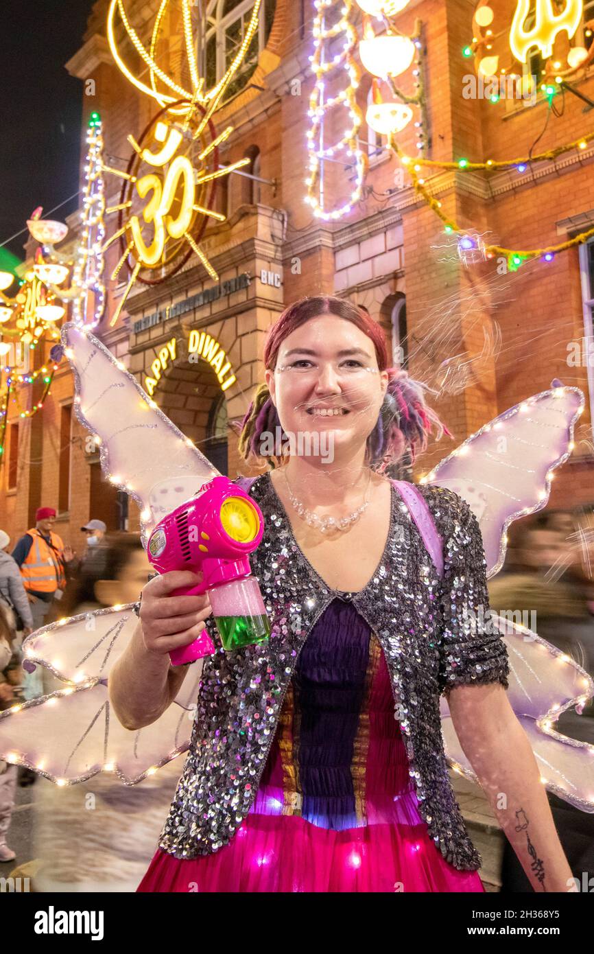 The annual Diwali light switch on in Leicester. Thousands of people swarm into the Golden Mile the area of Leicester along the Belgrave Road to celebrate the start of the festival. The festival is one of the largest Diwali festivals in Europe. A fairy street entertainer pictured on the belgrave Road. Stock Photo
